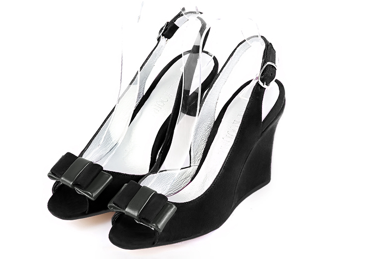 Matt black women's slingback sandals. Round toe. High wedge heels. Front view - Florence KOOIJMAN